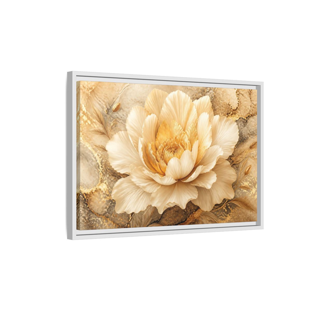 Side Mockup 1. Cream Gold Blossom shown as framed canvas print