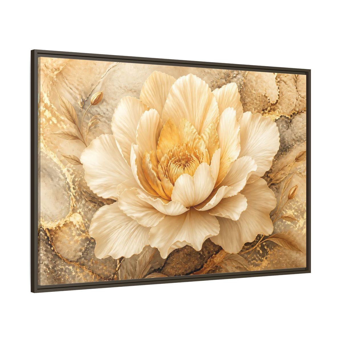 Side Mockup 8. Cream Gold Blossom shown as framed canvas print