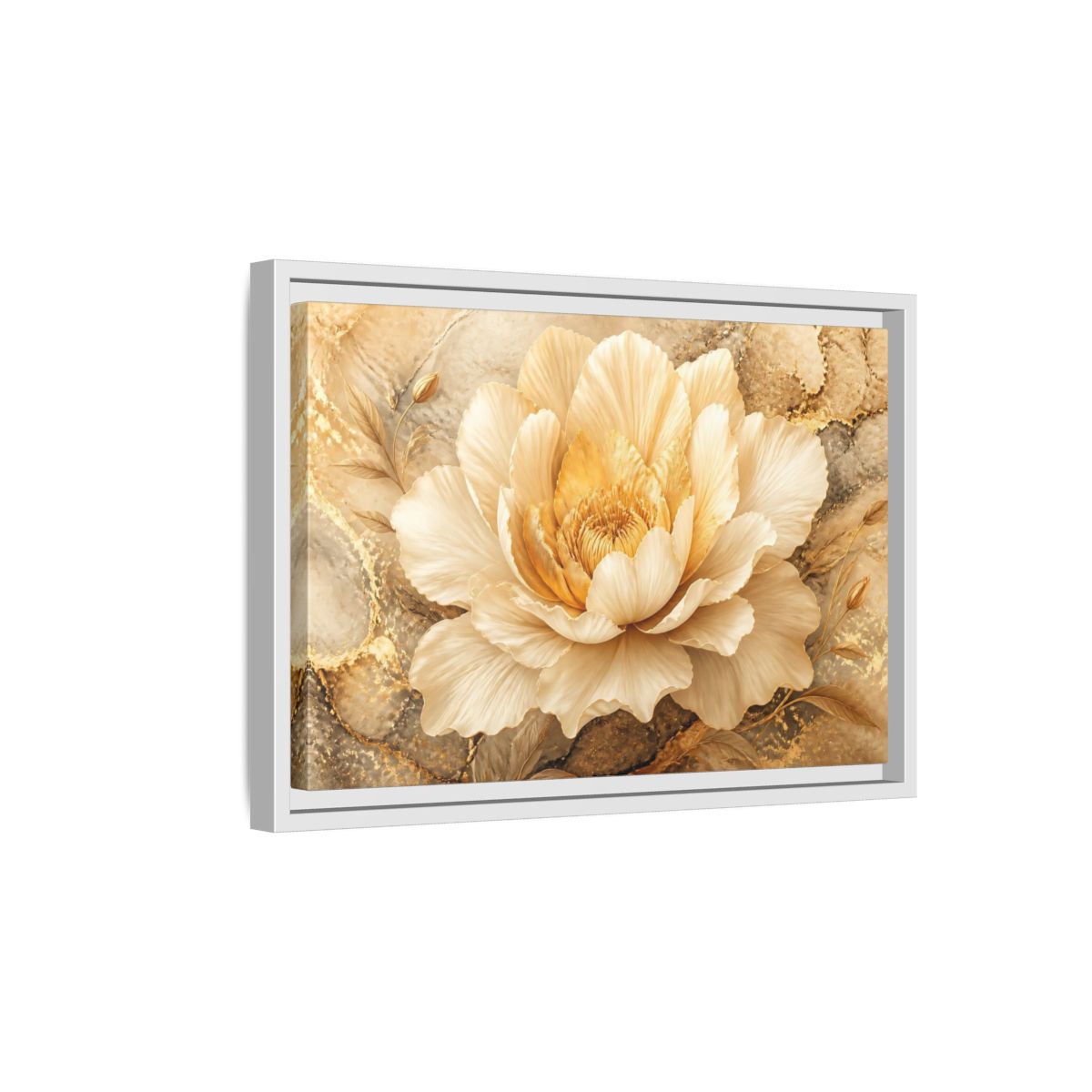 Side Mockup 4. Cream Gold Blossom shown as framed canvas print