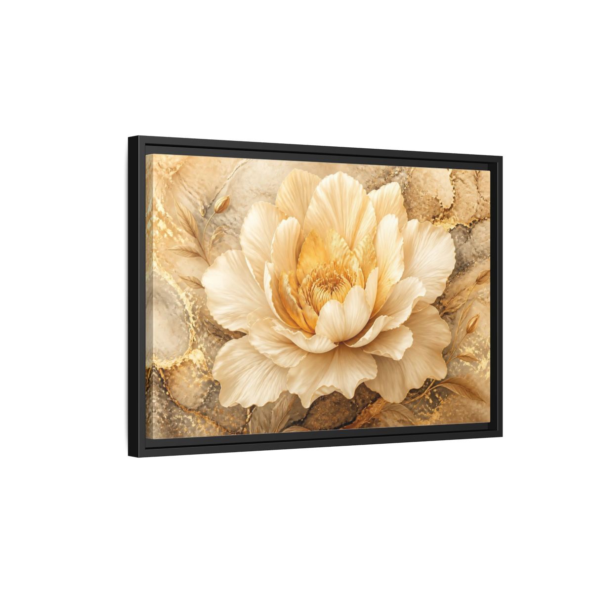 Side Mockup 3. Cream Gold Blossom shown as framed canvas print