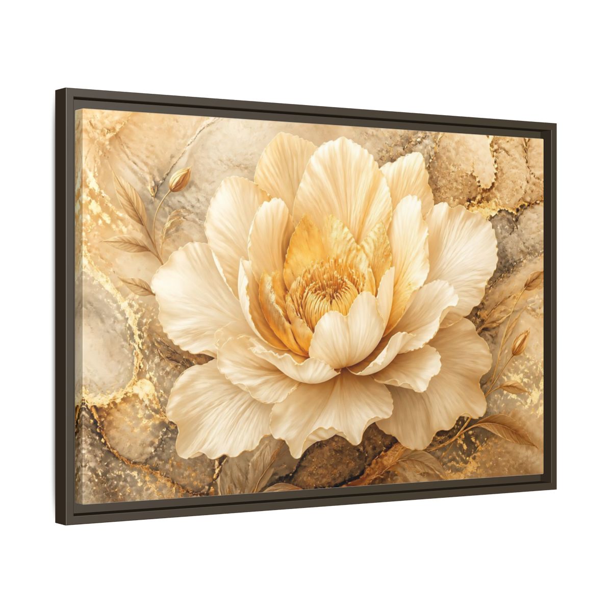 Side Mockup 11. Cream Gold Blossom shown as framed canvas print