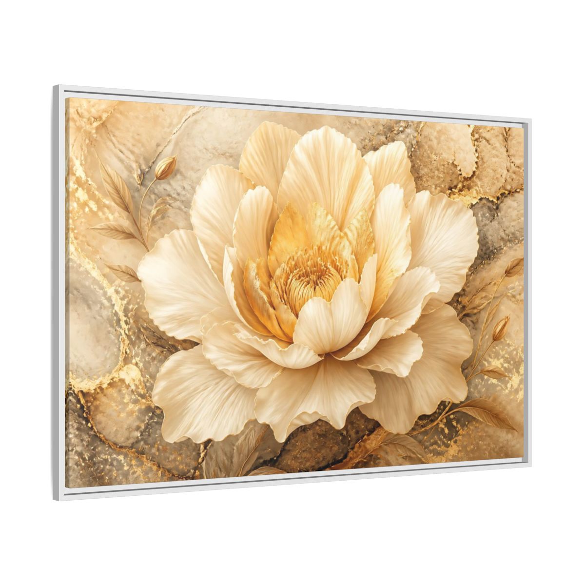 Side Mockup 7. Cream Gold Blossom shown as framed canvas print