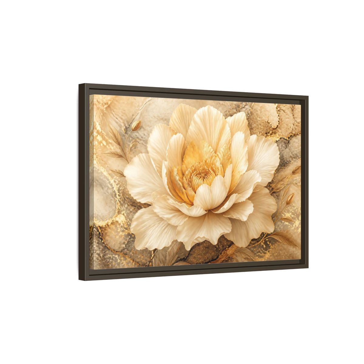 Side Mockup 2. Cream Gold Blossom shown as framed canvas print