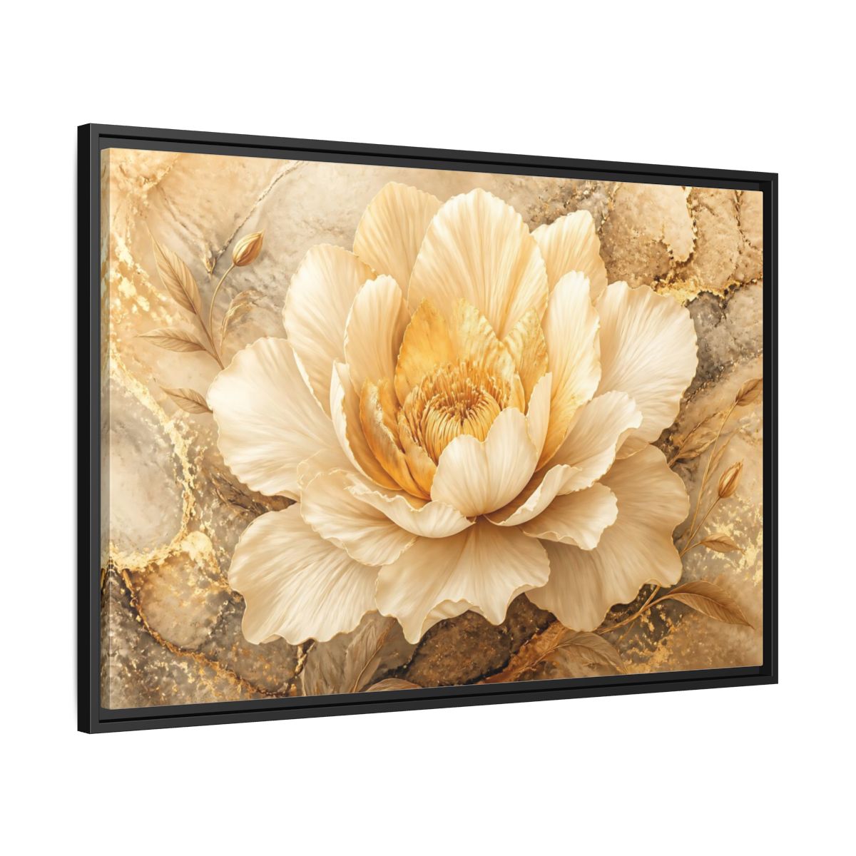 Side Mockup 13. Cream Gold Blossom shown as framed canvas print