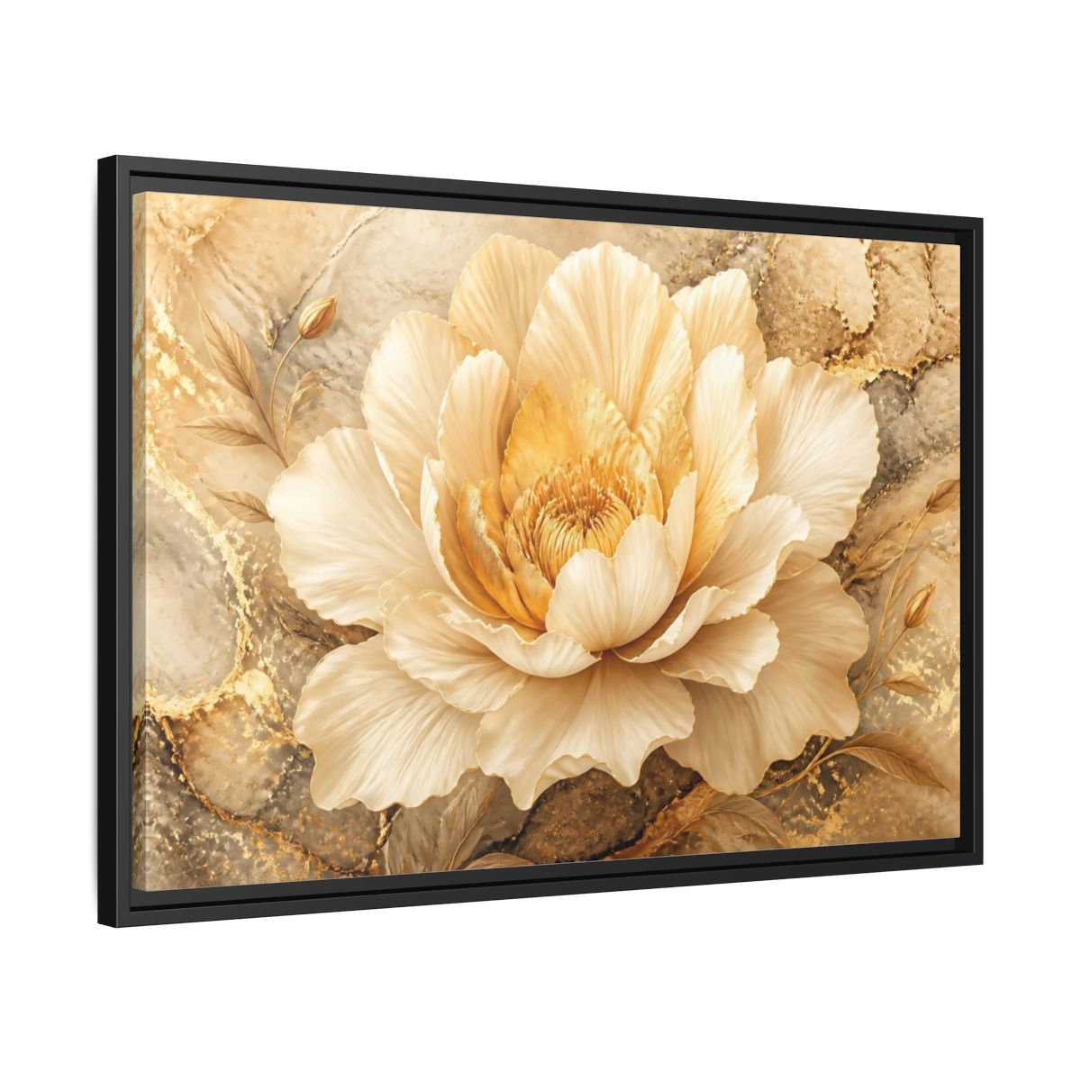 Side Mockup 14. Cream Gold Blossom shown as framed canvas print
