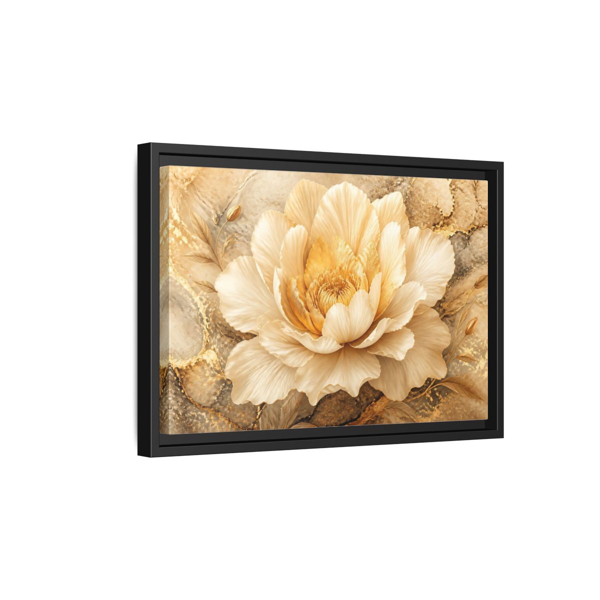 Side Mockup 6. Cream Gold Blossom shown as framed canvas print