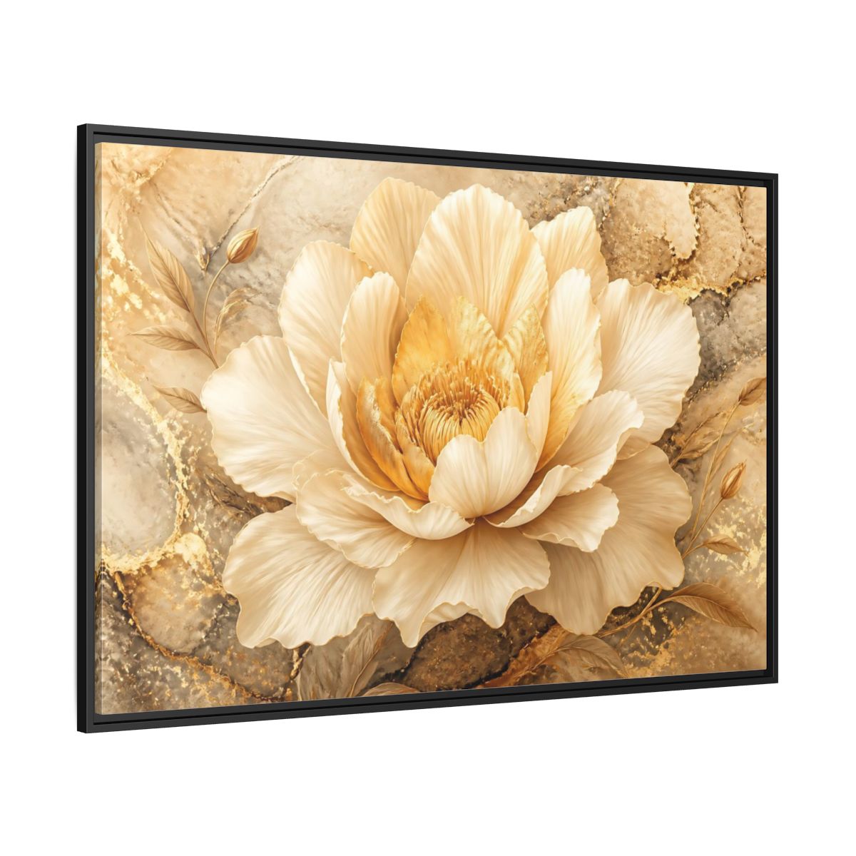 Side Mockup 12. Cream Gold Blossom shown as framed canvas print