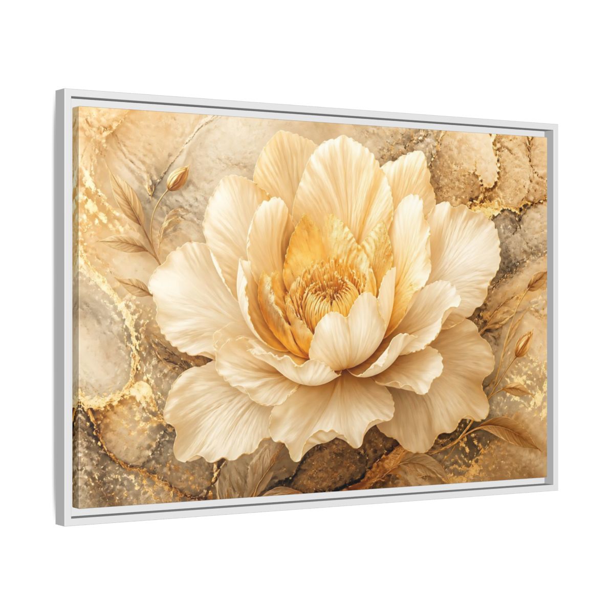 Side Mockup 9. Cream Gold Blossom shown as framed canvas print