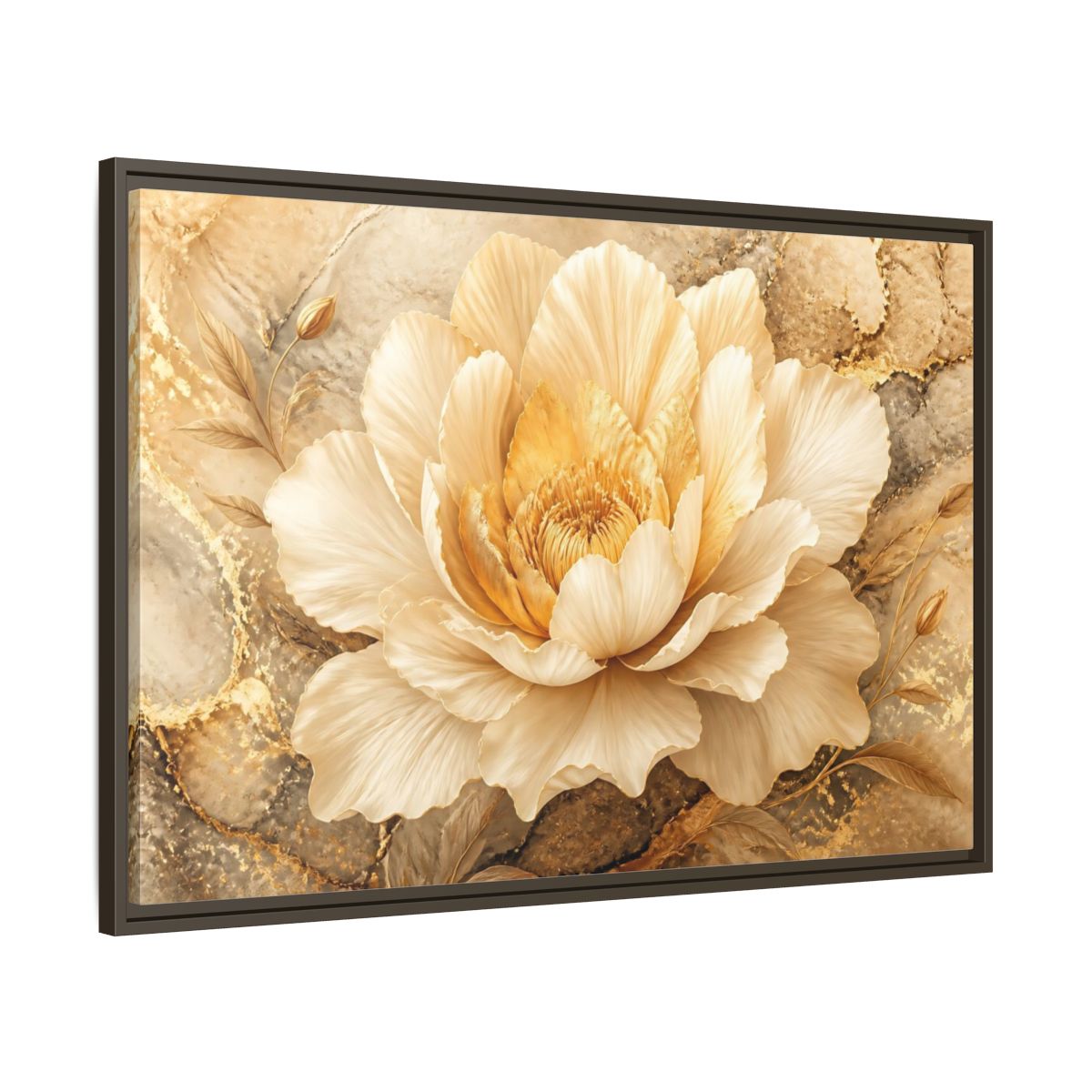Main Mockup. Cream Gold Blossom shown as framed canvas print