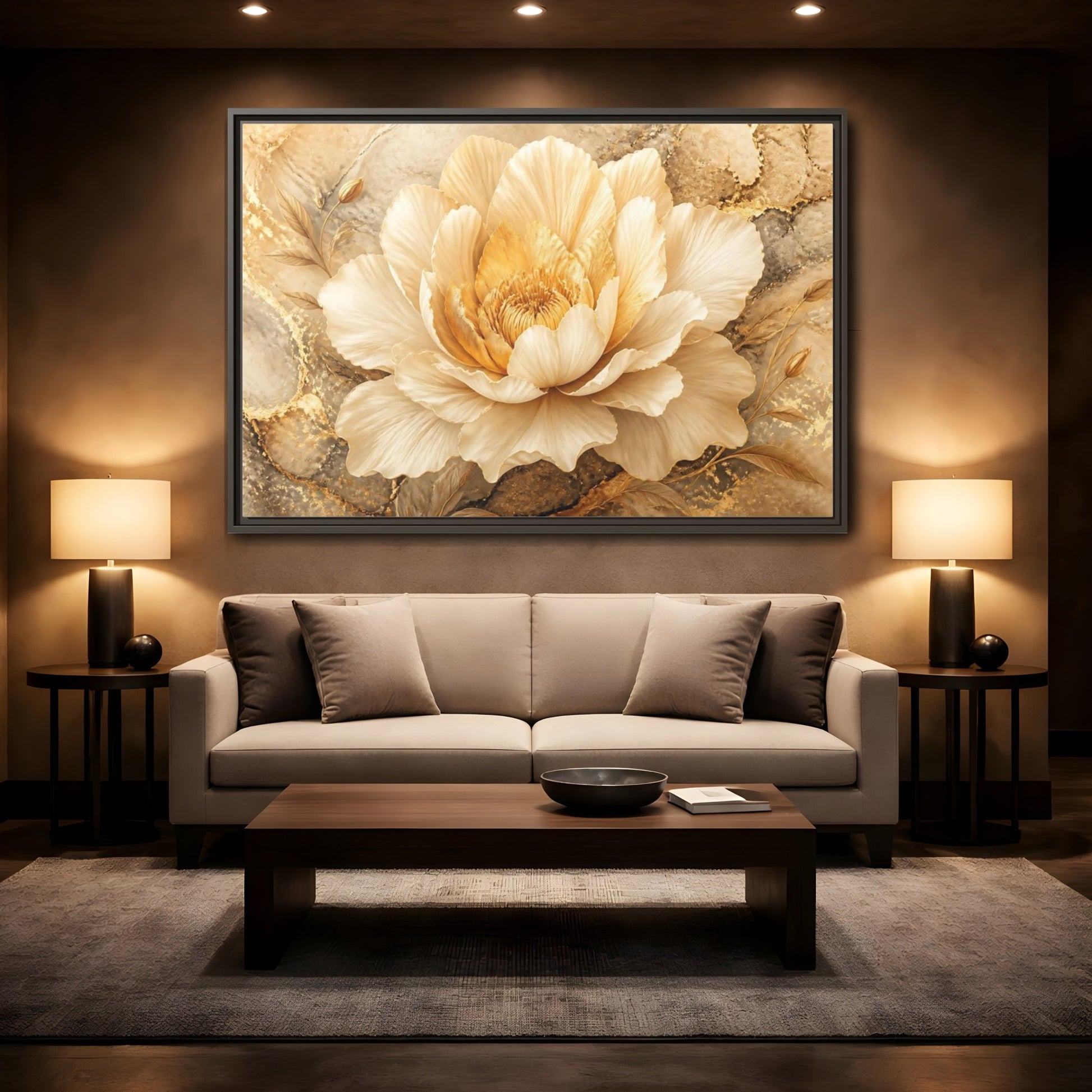 Mockup 2. Cream Gold Blossom shown as framed canvas print
