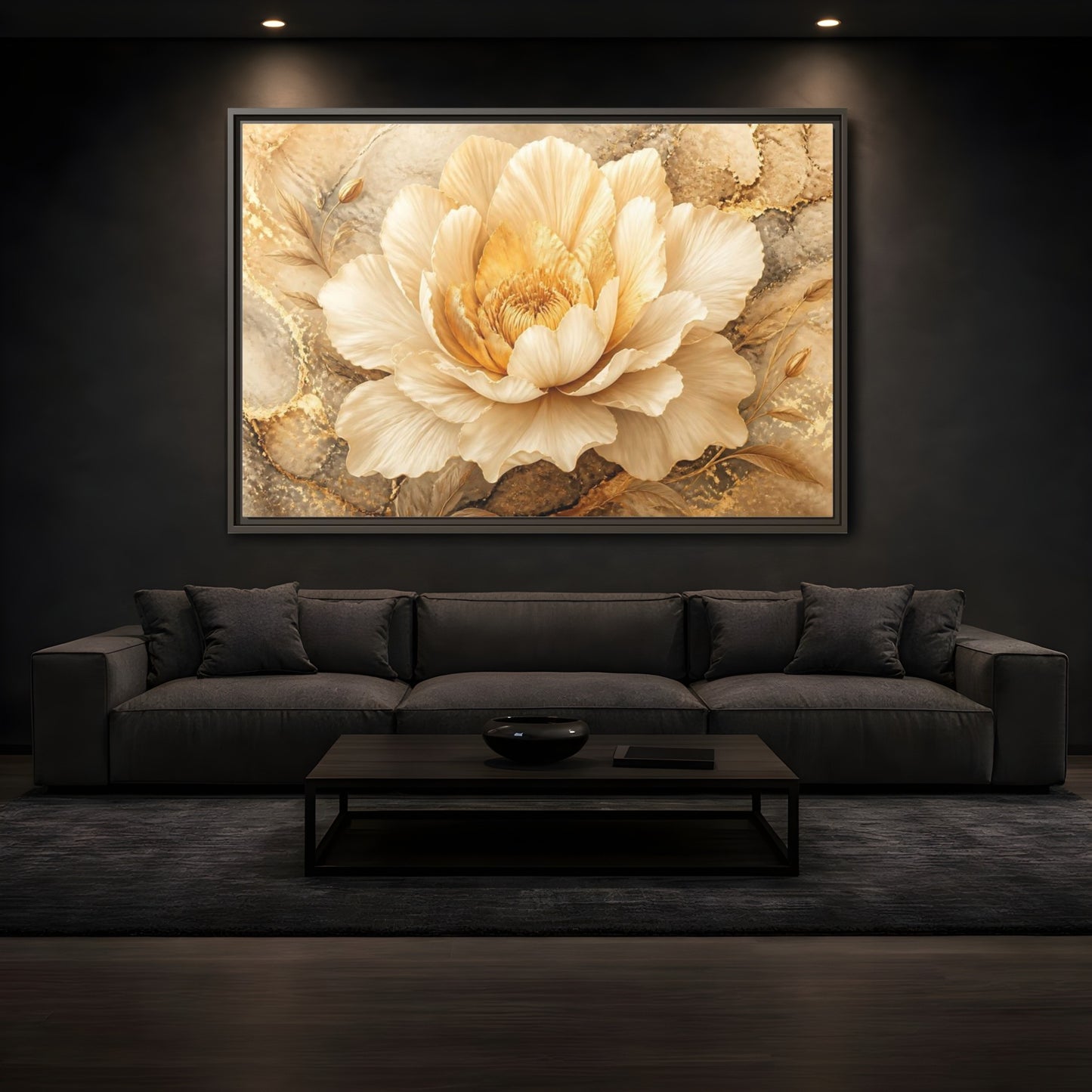 Mockup 3. Cream Gold Blossom shown as framed canvas print