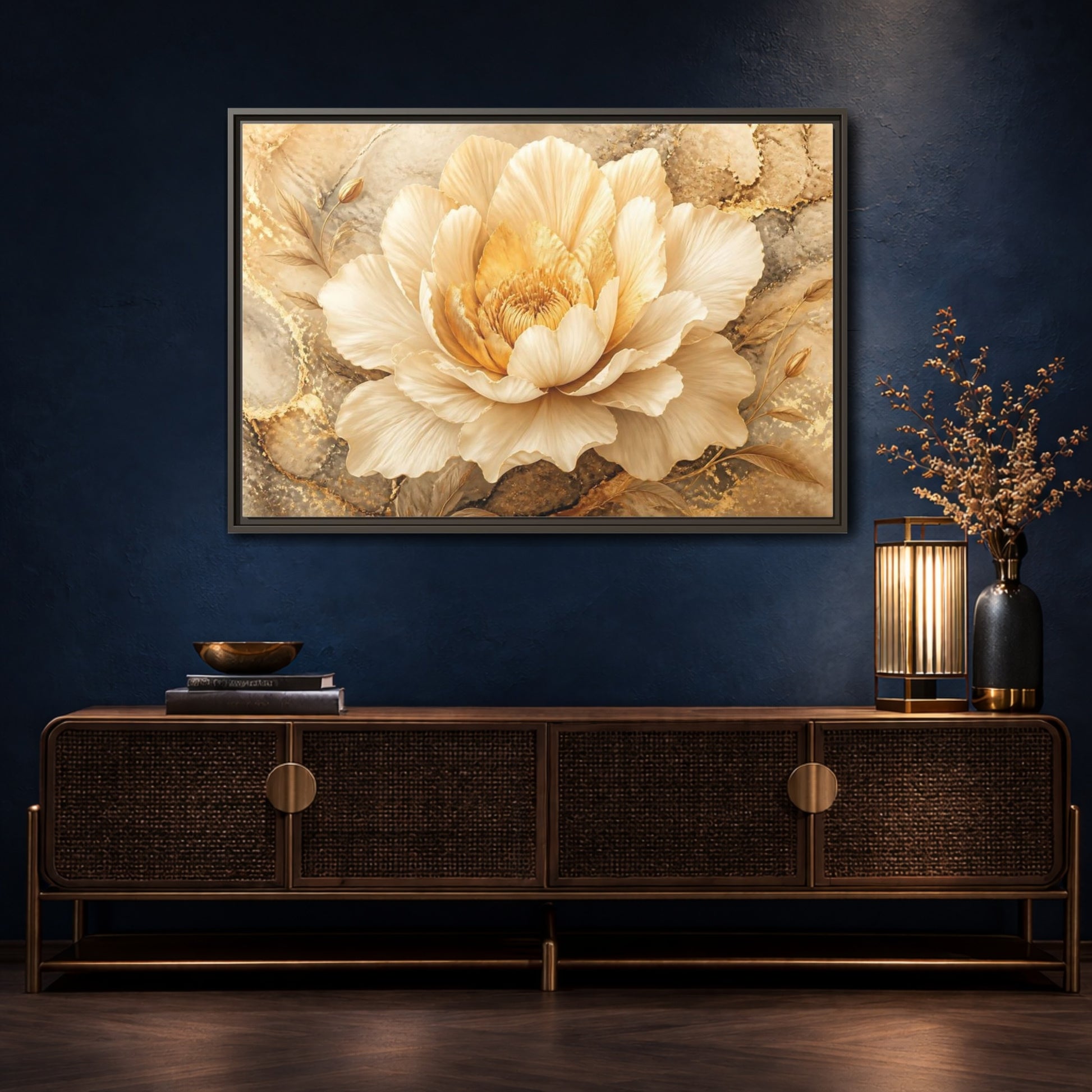 Mockup 4. Cream Gold Blossom shown as framed canvas print