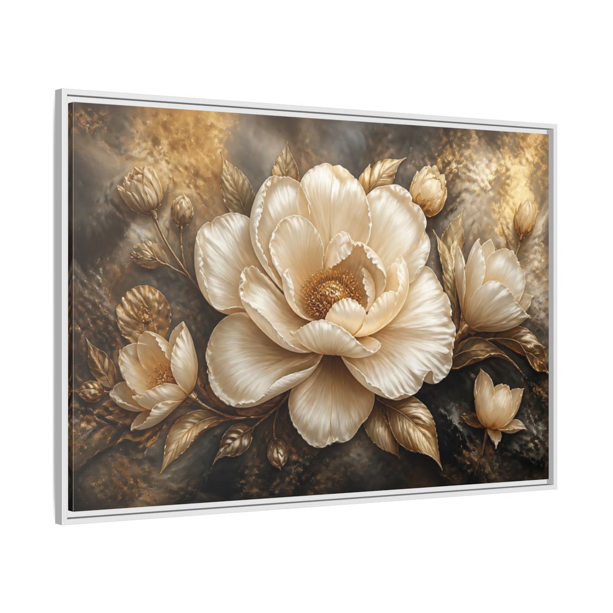 Side Mockup 7. Cream Gold Floral Sculpture shown as framed canvas print