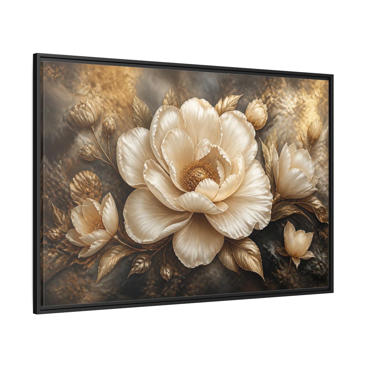 Side Mockup 12. Cream Gold Floral Sculpture shown as framed canvas print