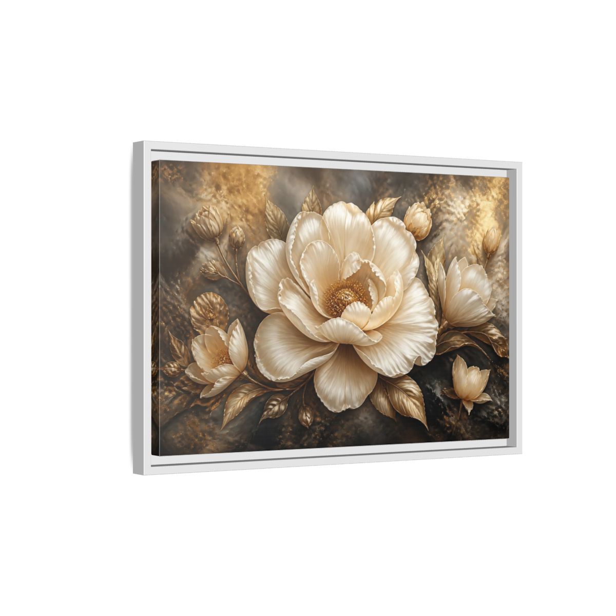 Side Mockup 1. Cream Gold Floral Sculpture shown as framed canvas print