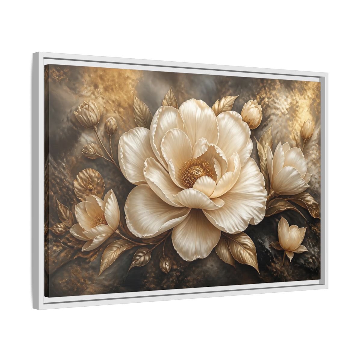 Side Mockup 10. Cream Gold Floral Sculpture shown as framed canvas print