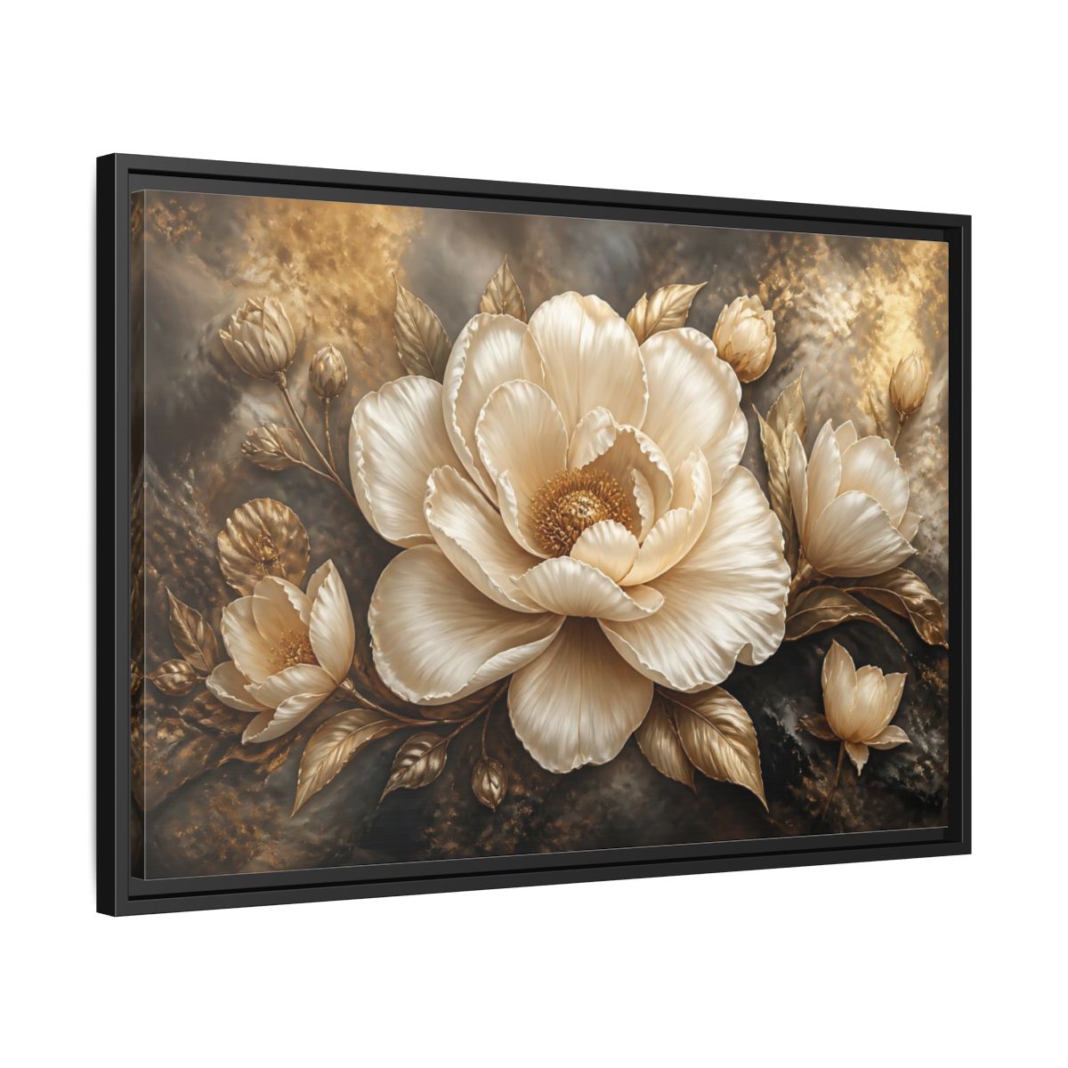 Side Mockup 14. Cream Gold Floral Sculpture shown as framed canvas print
