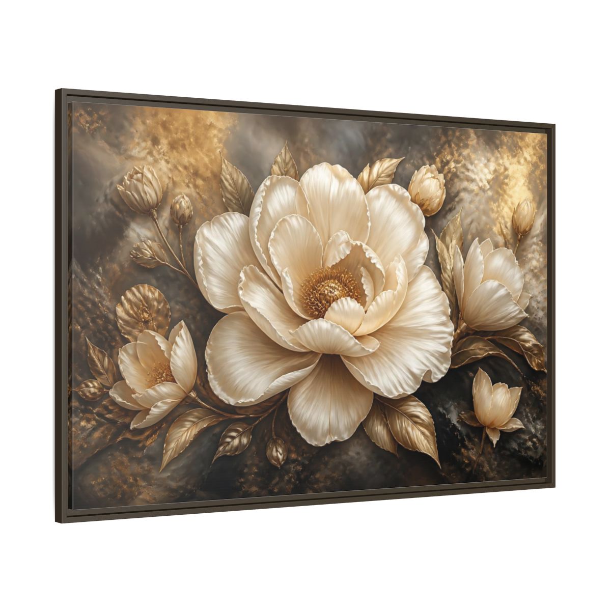 Side Mockup 8. Cream Gold Floral Sculpture shown as framed canvas print