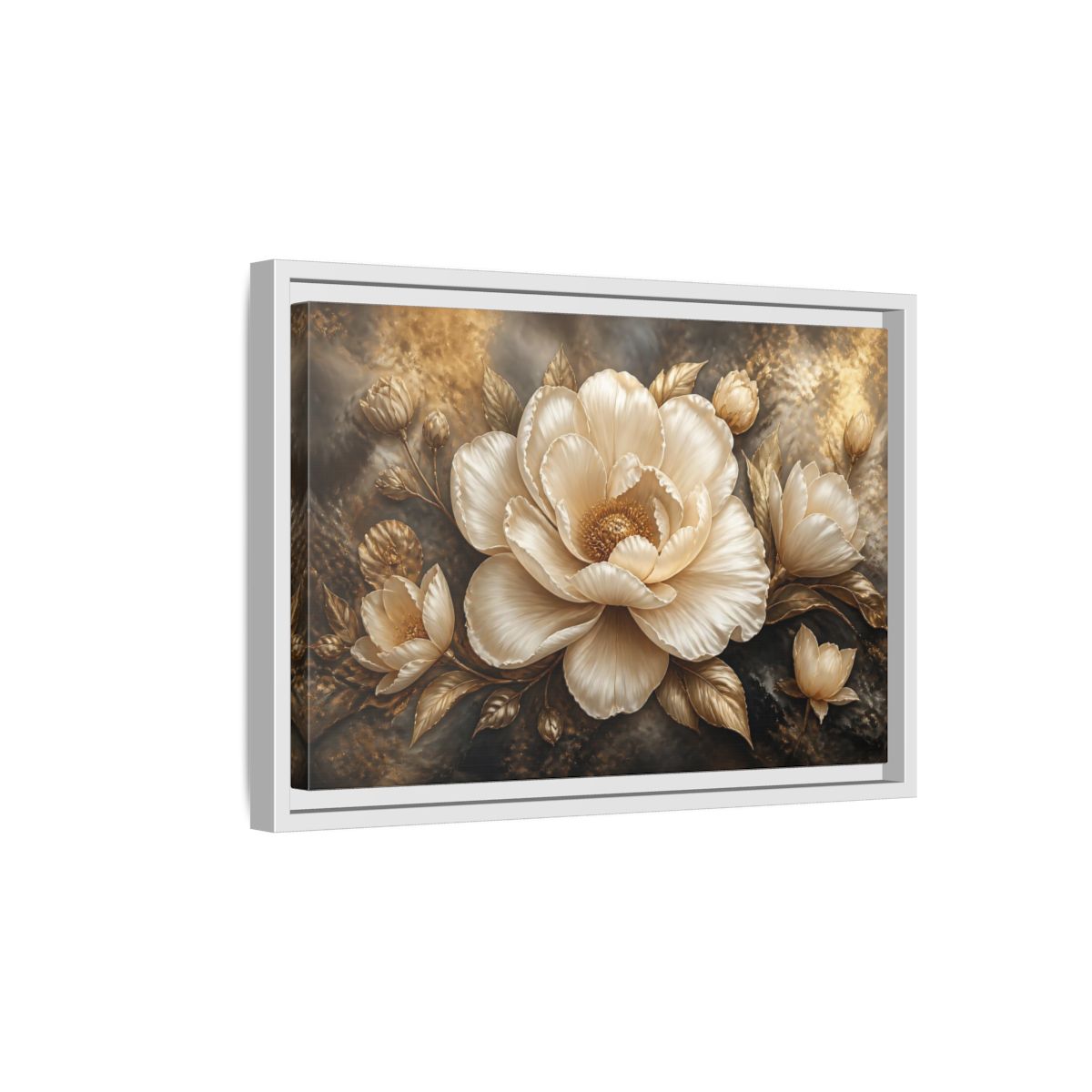 Side Mockup 4. Cream Gold Floral Sculpture shown as framed canvas print