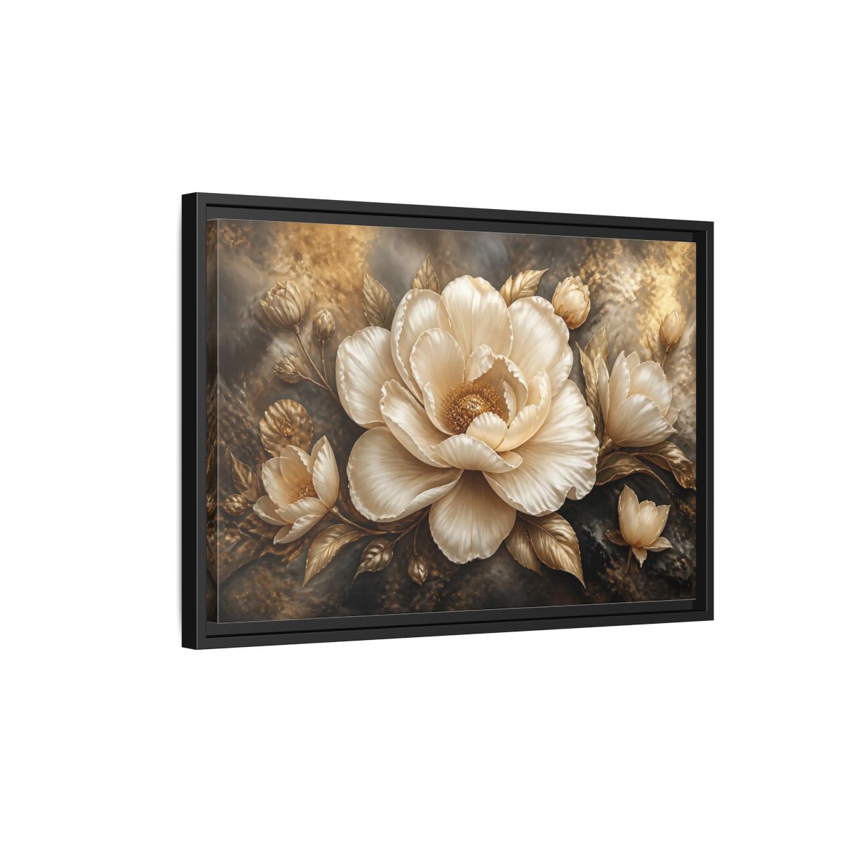 Side Mockup 3. Cream Gold Floral Sculpture shown as framed canvas print