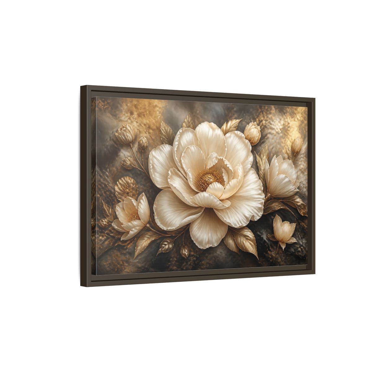 Side Mockup 2. Cream Gold Floral Sculpture shown as framed canvas print