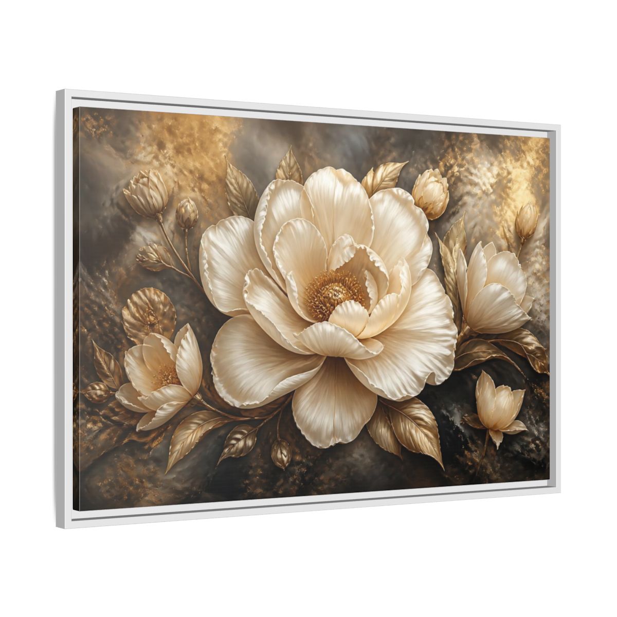 Side Mockup 9. Cream Gold Floral Sculpture shown as framed canvas print