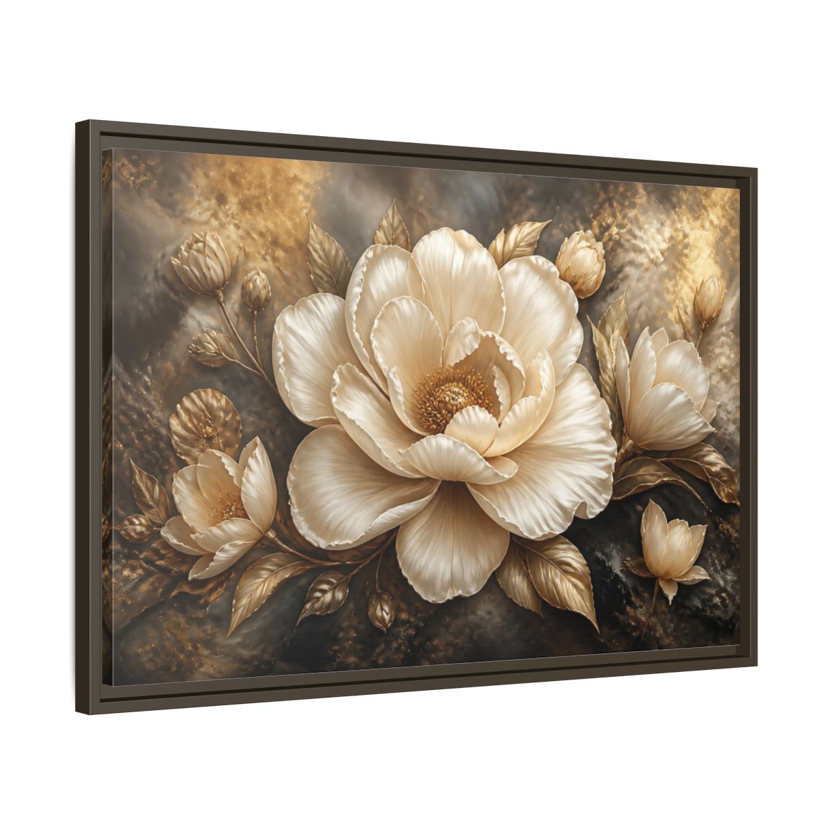 Side Mockup 11. Cream Gold Floral Sculpture shown as framed canvas print