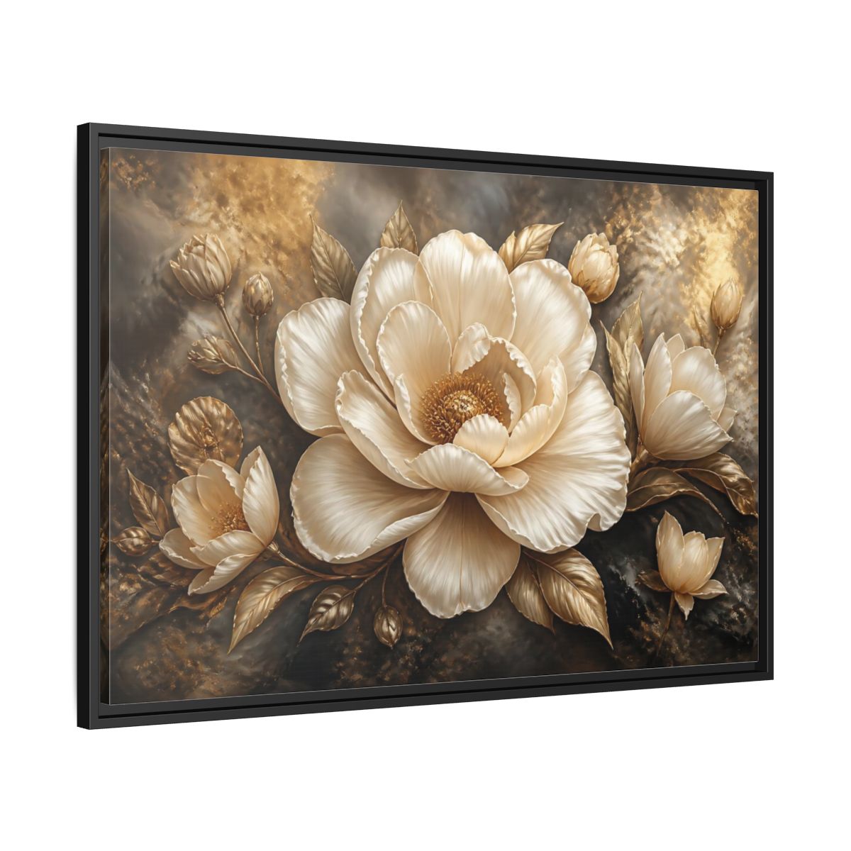 Side Mockup 13. Cream Gold Floral Sculpture shown as framed canvas print