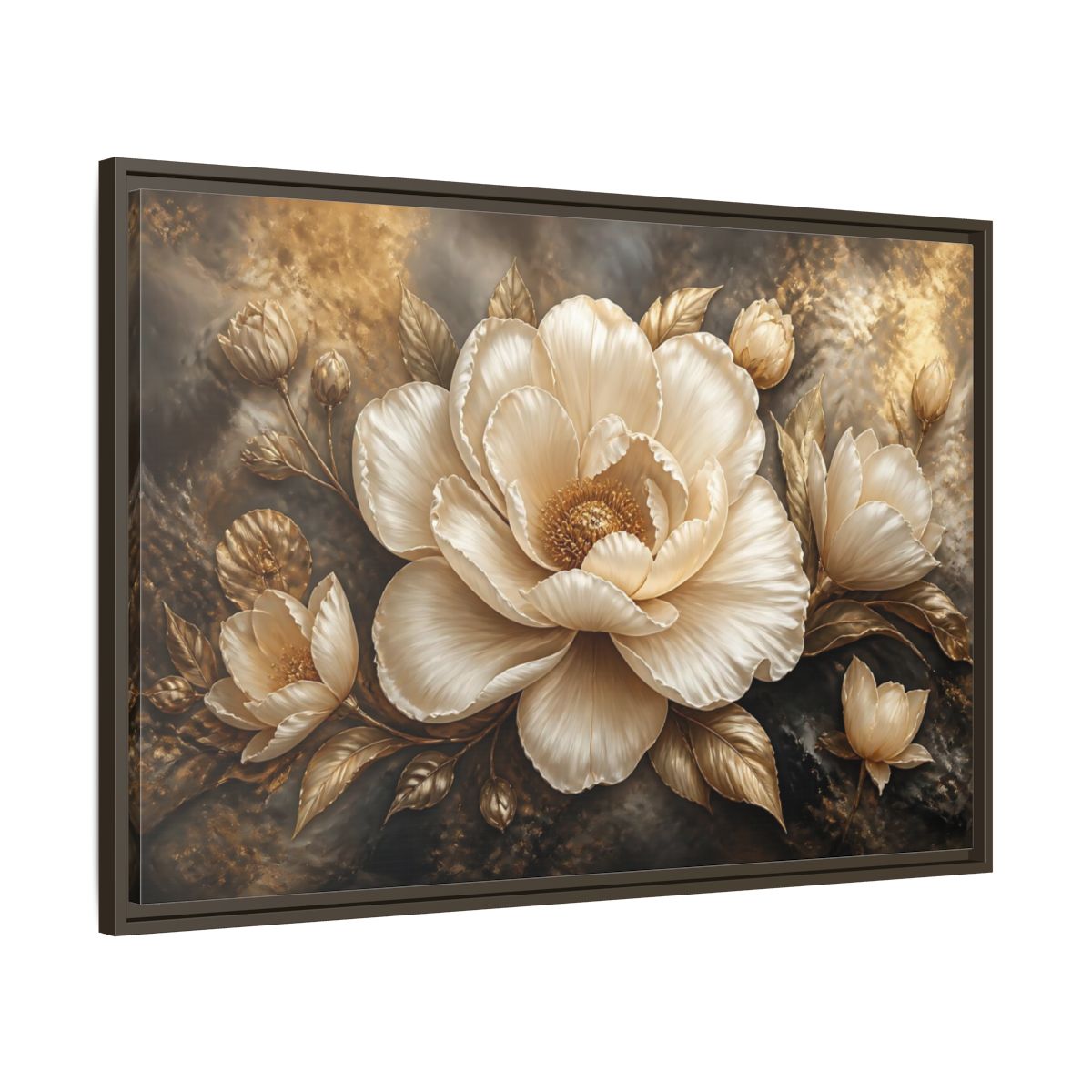 Main Mockup. Cream Gold Floral Sculpture shown as framed canvas print