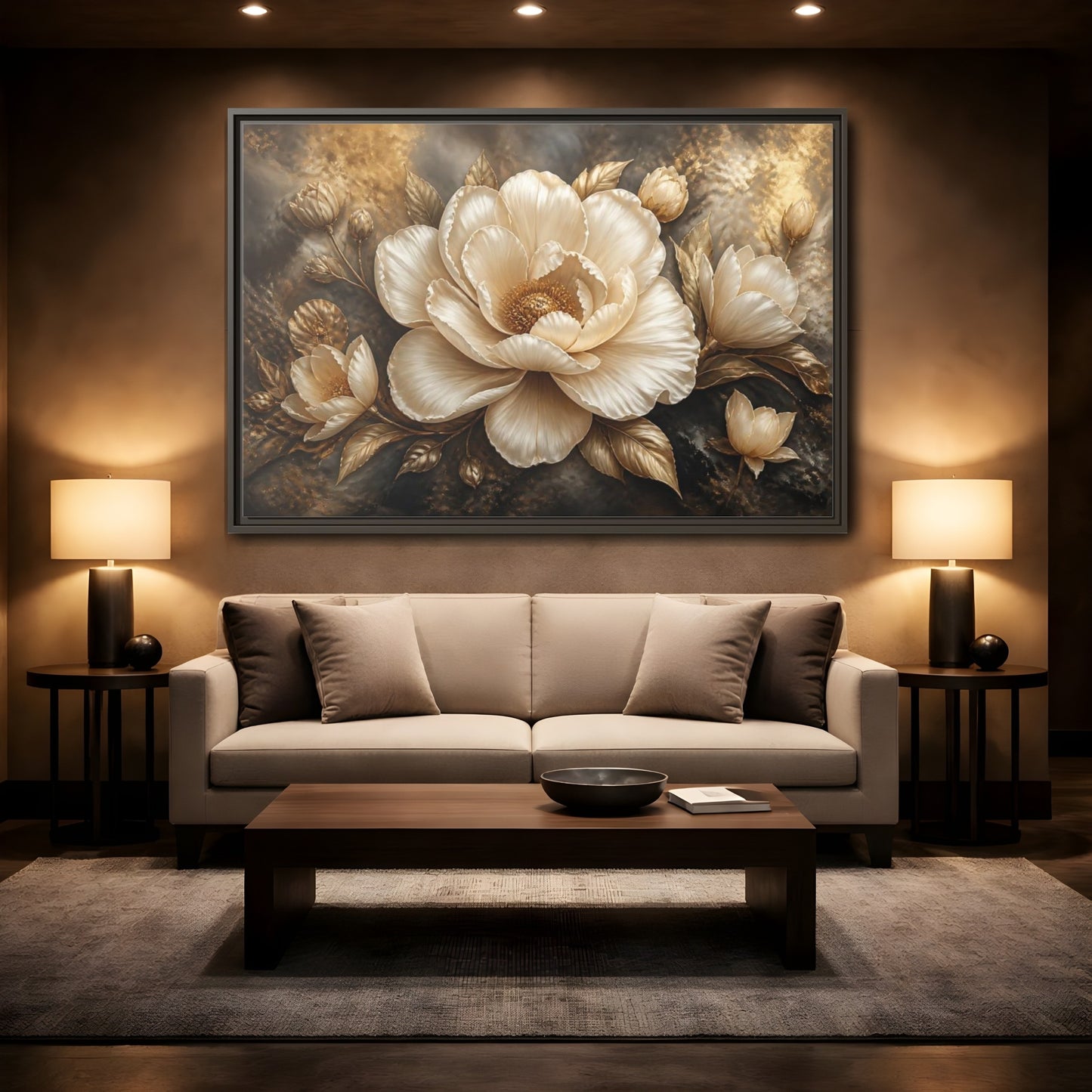 Mockup 2. Cream Gold Floral Sculpture shown as framed canvas print