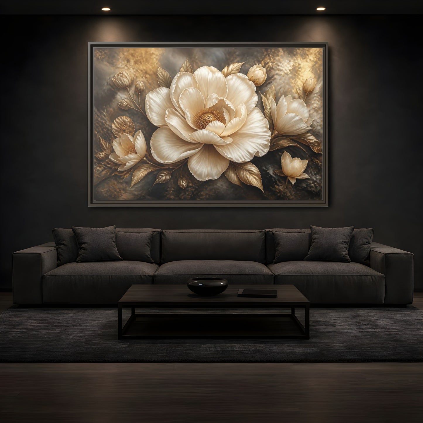 Mockup 3. Cream Gold Floral Sculpture shown as framed canvas print