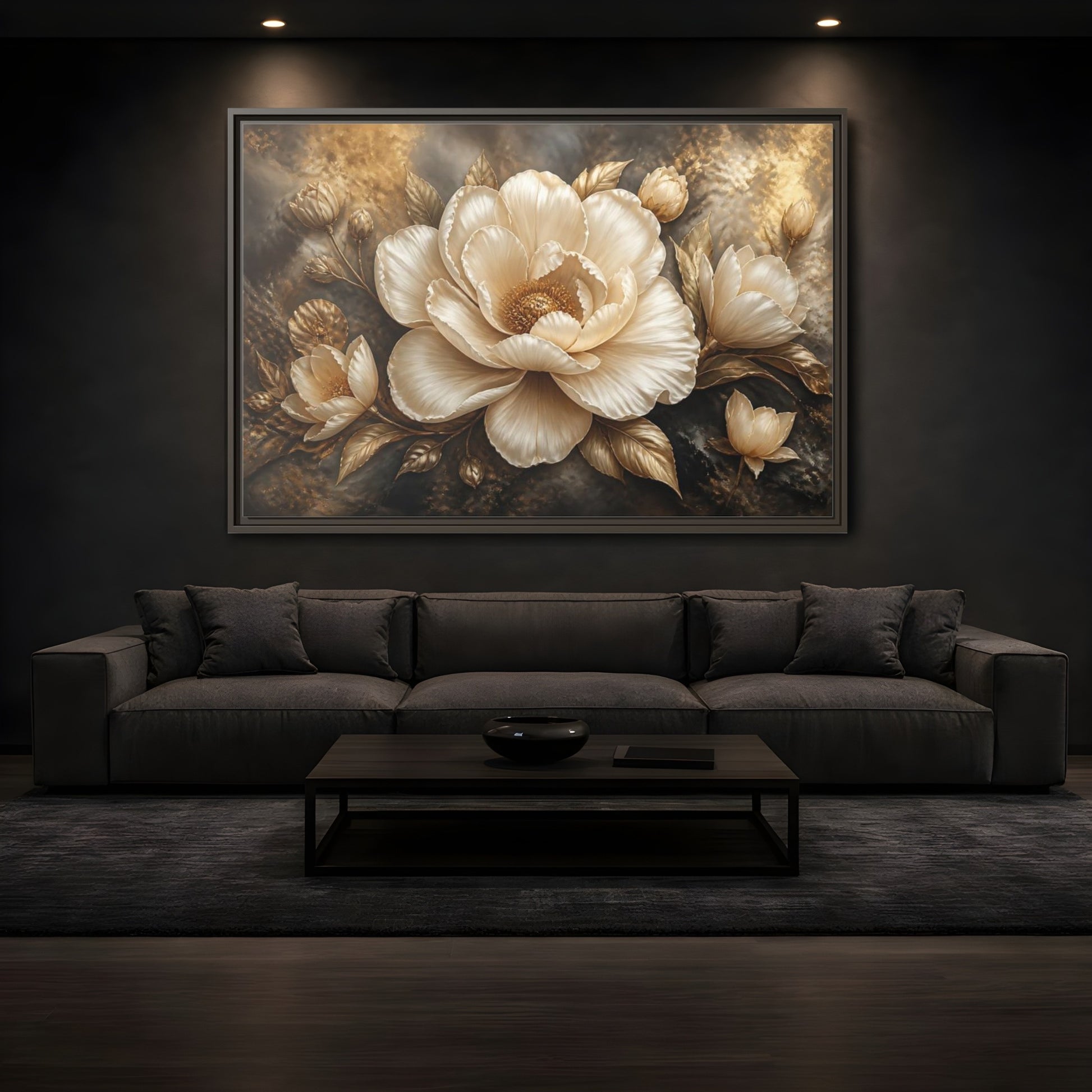 Mockup 3. Cream Gold Floral Sculpture shown as framed canvas print