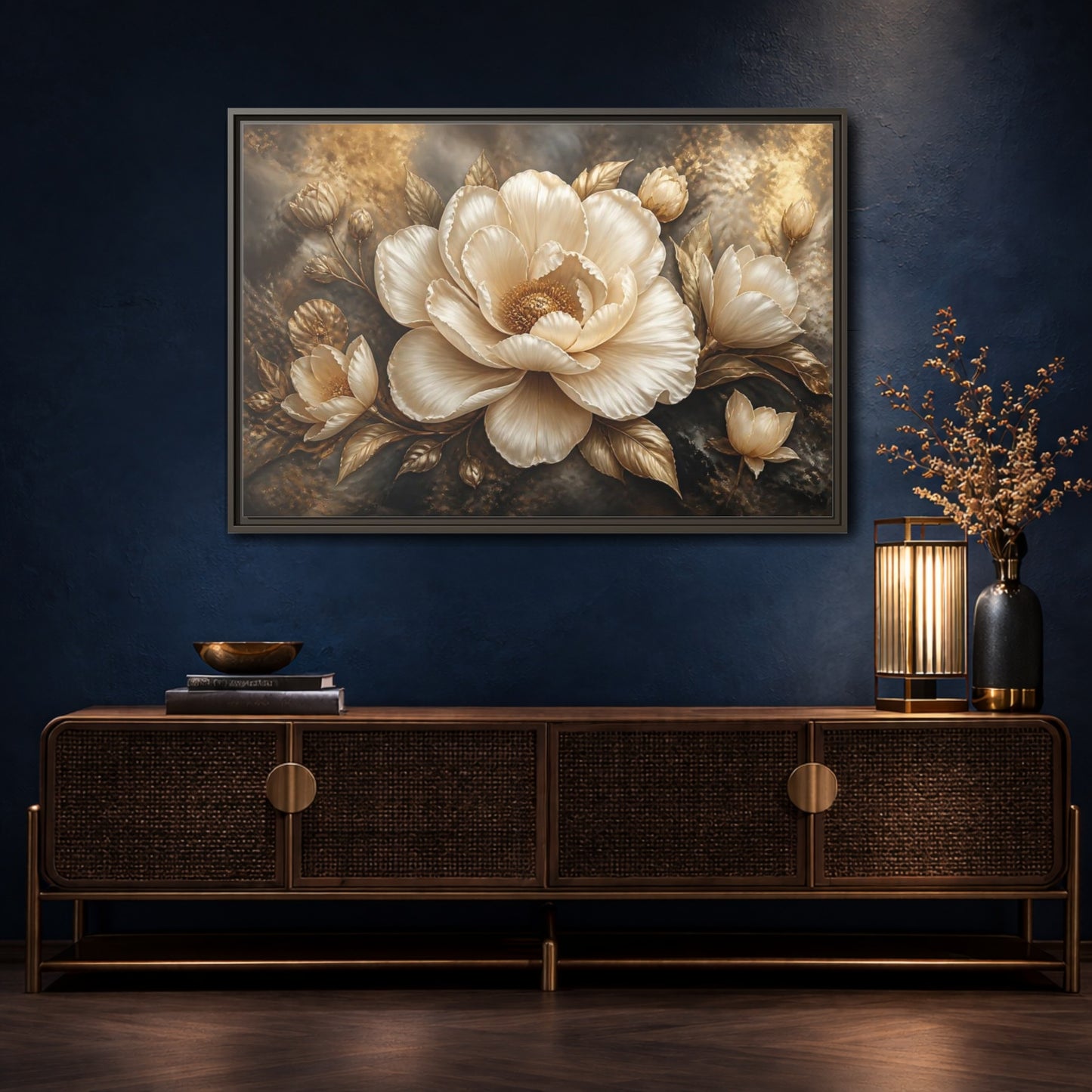 Mockup 4. Cream Gold Floral Sculpture shown as framed canvas print