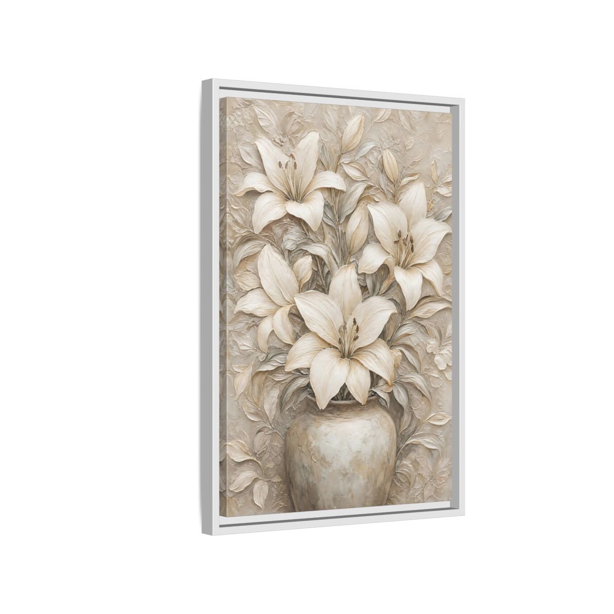 Side Mockup 1. Cream Lily Still Life shown as framed canvas print