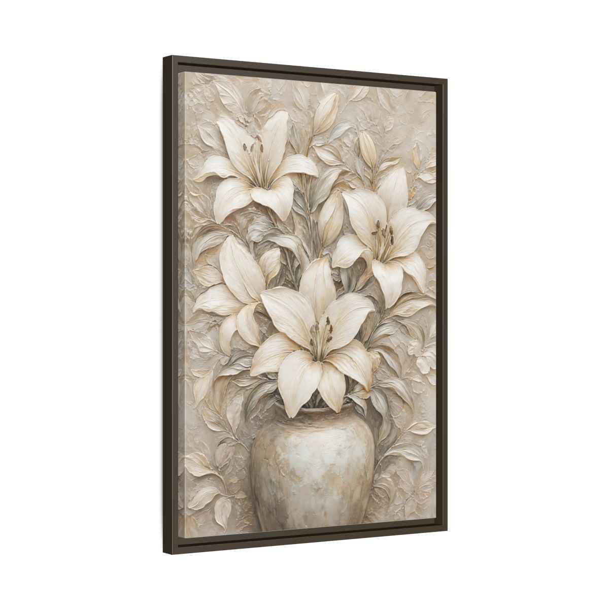 Side Mockup 11. Cream Lily Still Life shown as framed canvas print