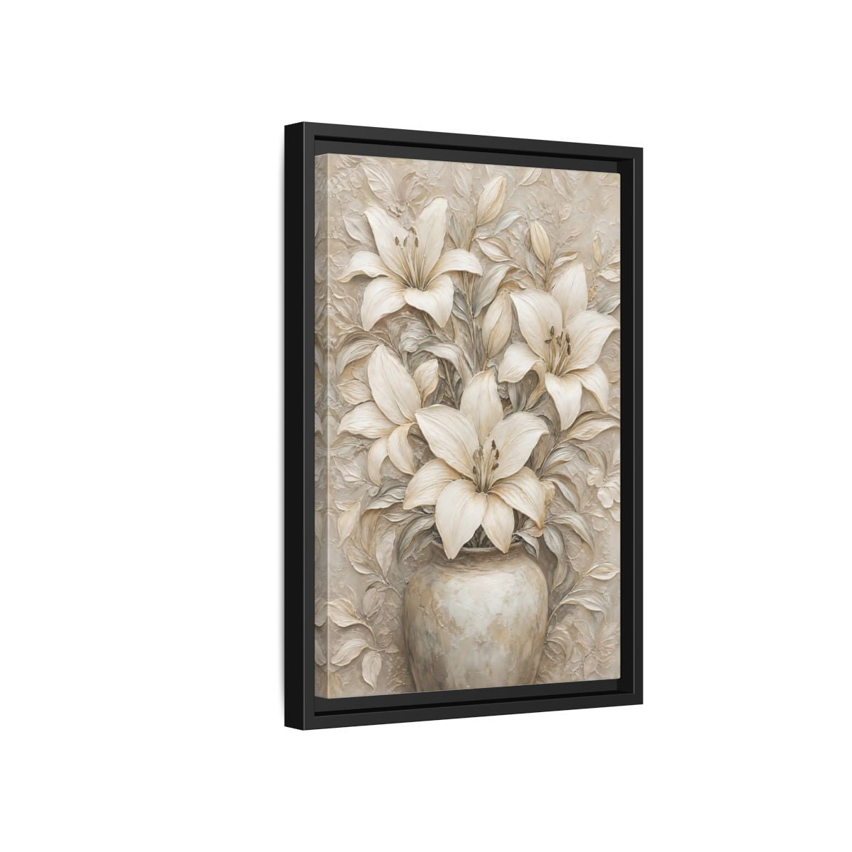Side Mockup 6. Cream Lily Still Life shown as framed canvas print