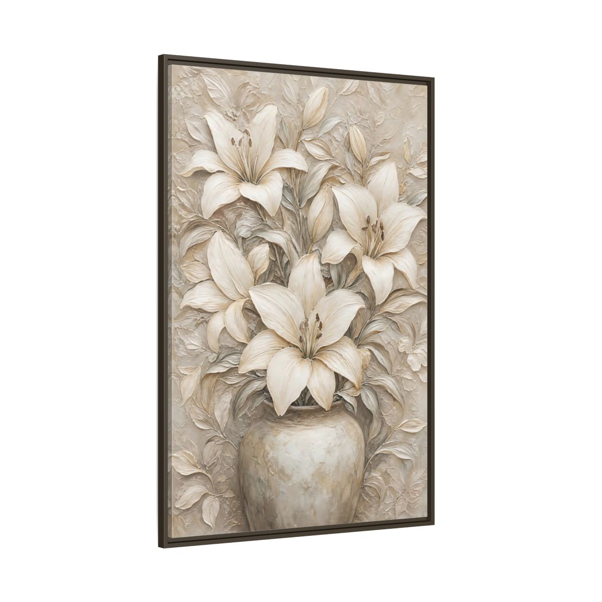 Side Mockup 8. Cream Lily Still Life shown as framed canvas print