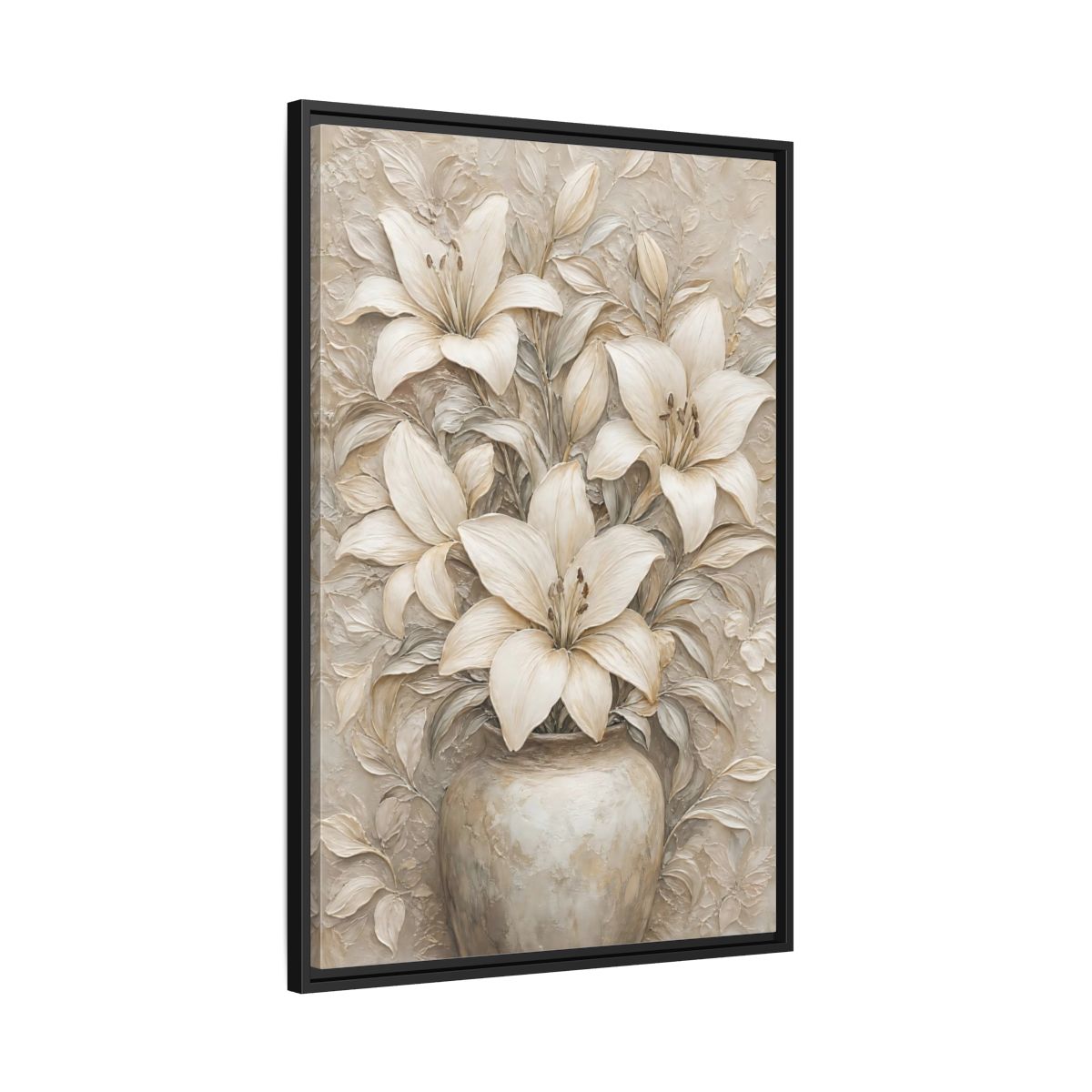 Side Mockup 13. Cream Lily Still Life shown as framed canvas print