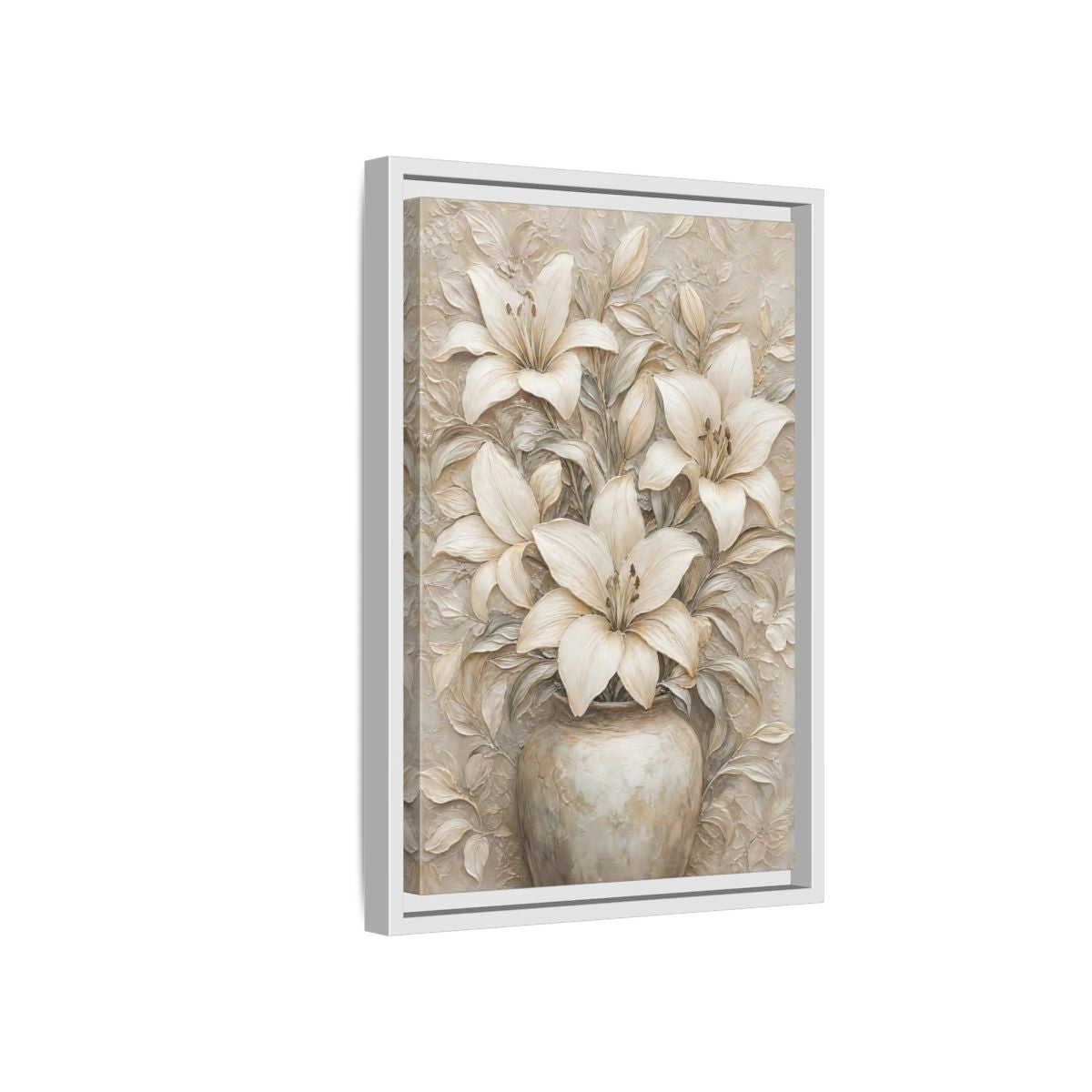 Side Mockup 4. Cream Lily Still Life shown as framed canvas print