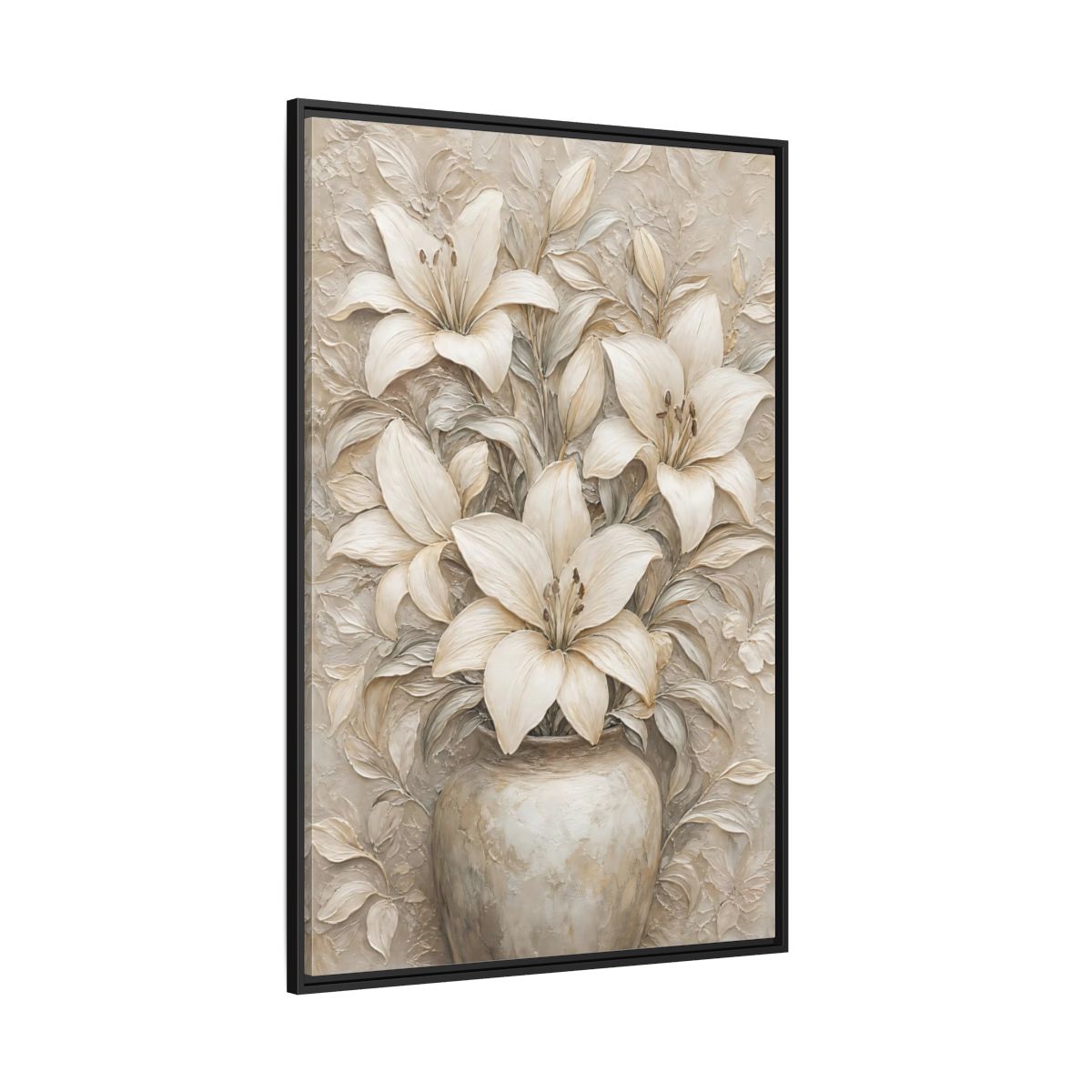 Side Mockup 12. Cream Lily Still Life shown as framed canvas print