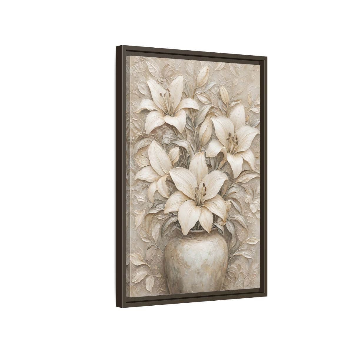 Side Mockup 2. Cream Lily Still Life shown as framed canvas print