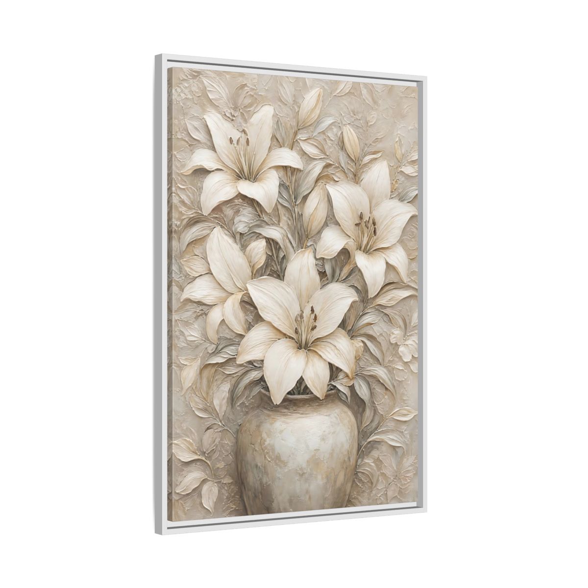 Side Mockup 9. Cream Lily Still Life shown as framed canvas print