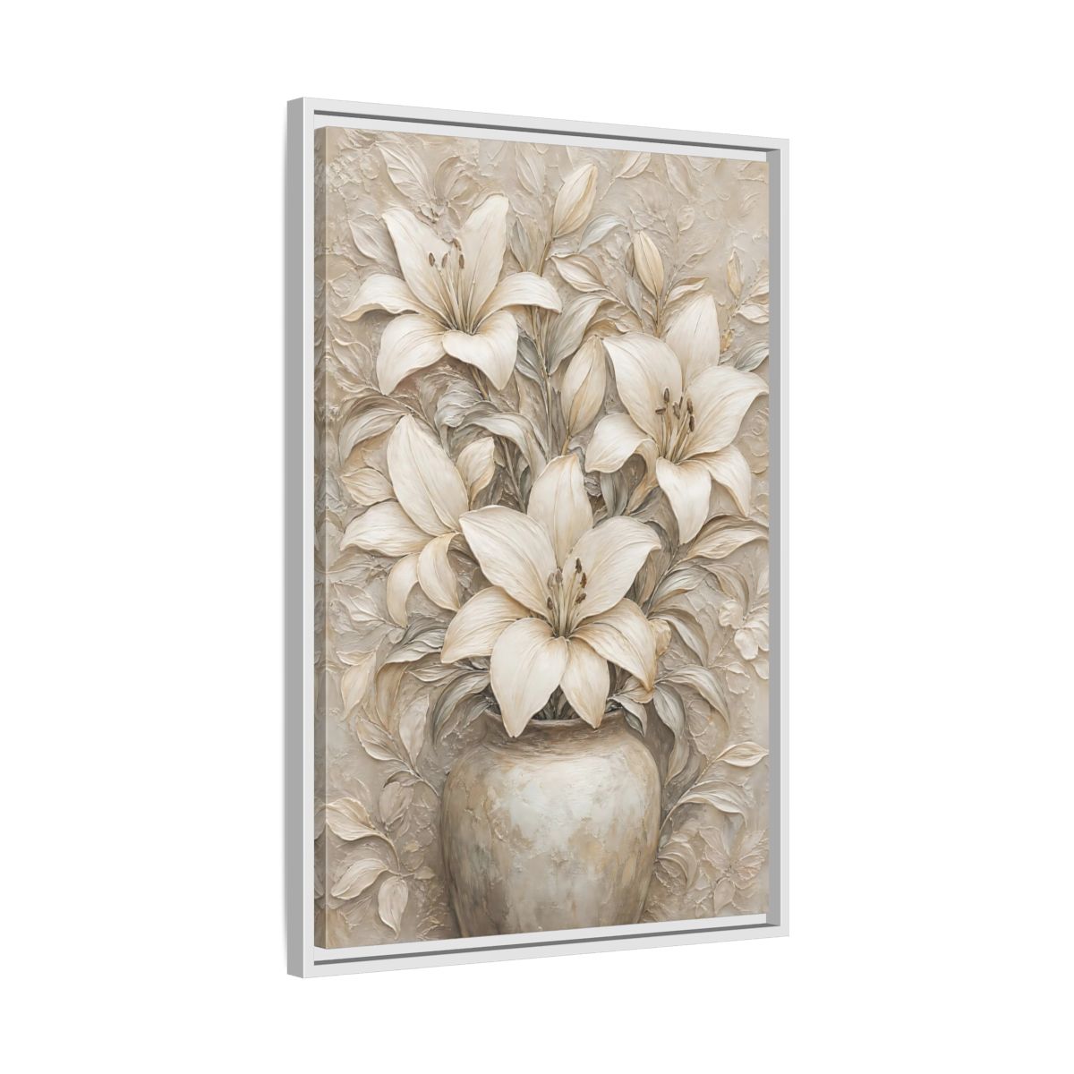 Side Mockup 10. Cream Lily Still Life shown as framed canvas print