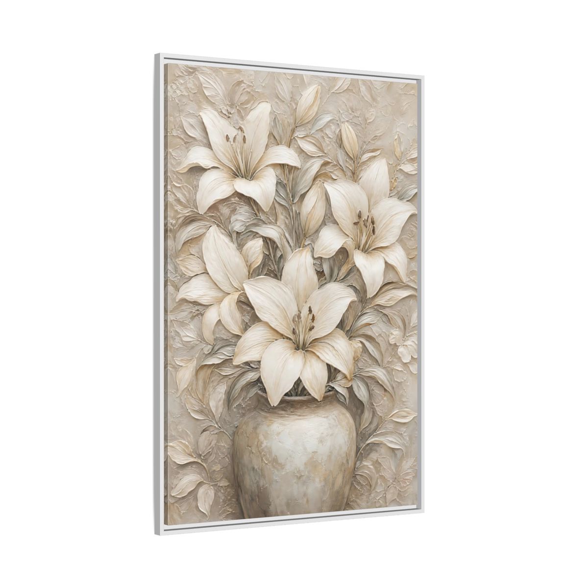 Side Mockup 7. Cream Lily Still Life shown as framed canvas print