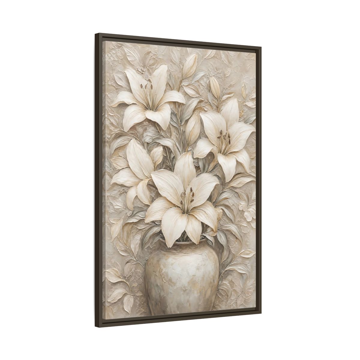 Main Mockup. Cream Lily Still Life shown as framed canvas print