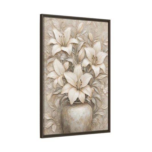 Main Mockup. Cream Lily Still Life shown as framed canvas print