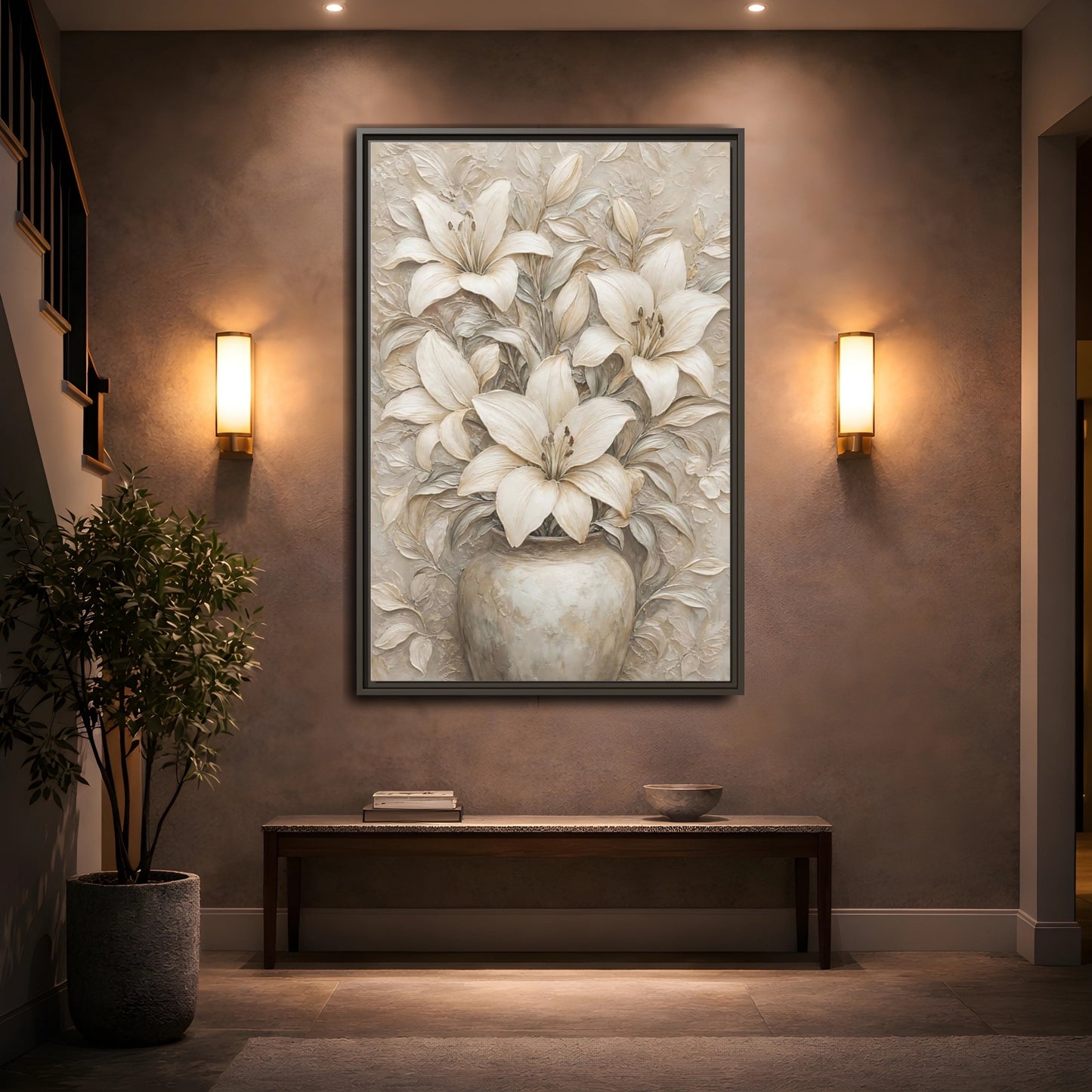 Mockup 2. Cream Lily Still Life shown as framed canvas print