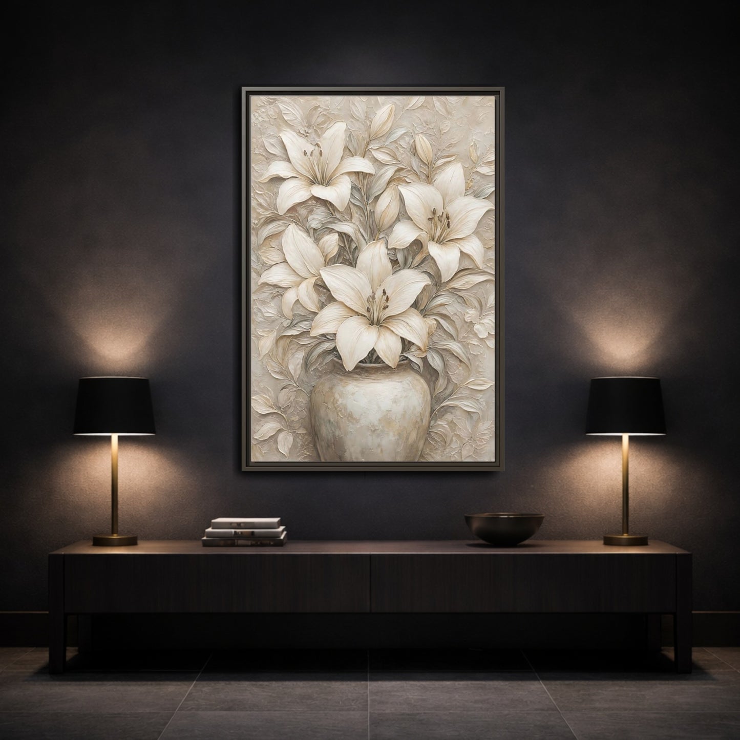 Mockup 3. Cream Lily Still Life shown as framed canvas print