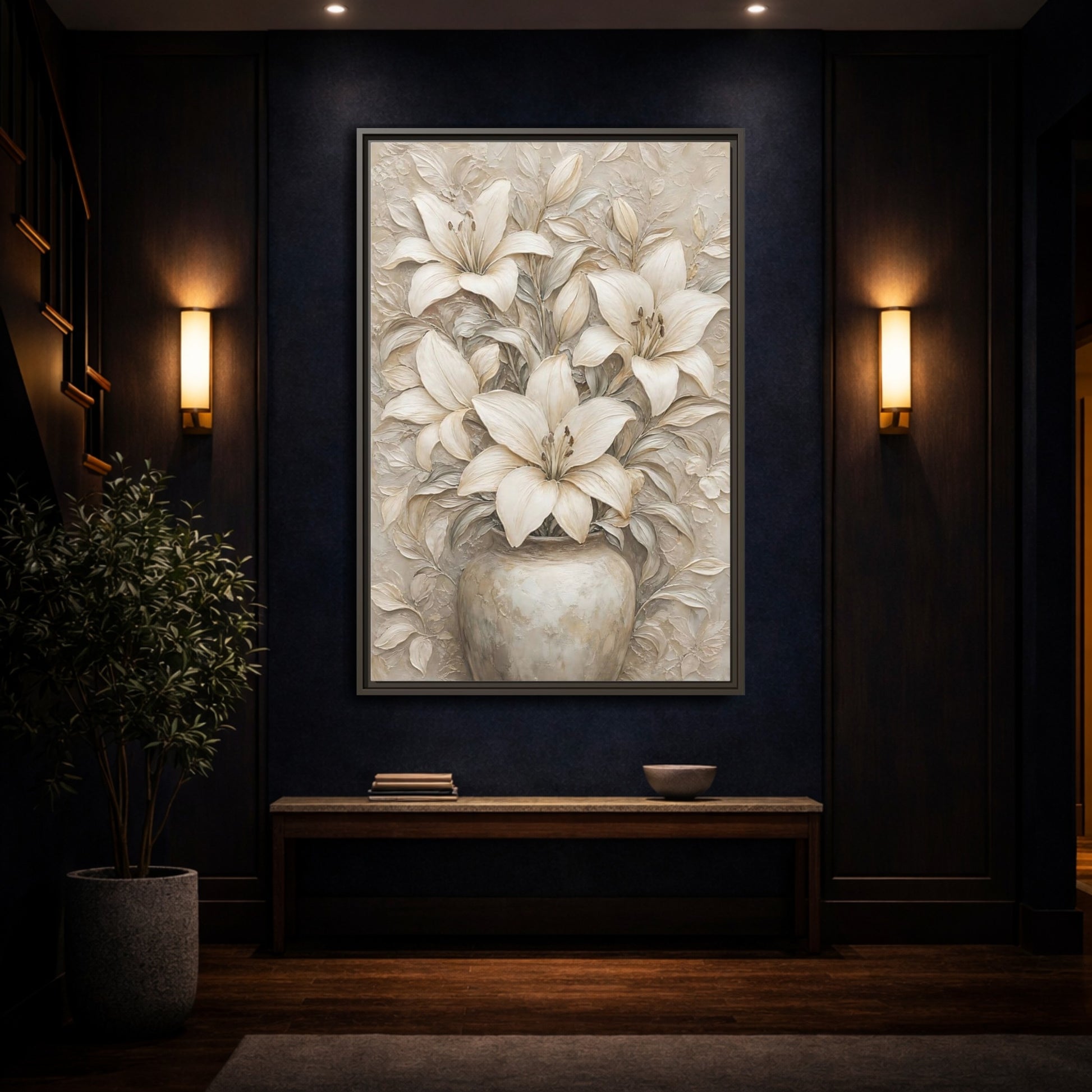 Mockup 4. Cream Lily Still Life shown as framed canvas print
