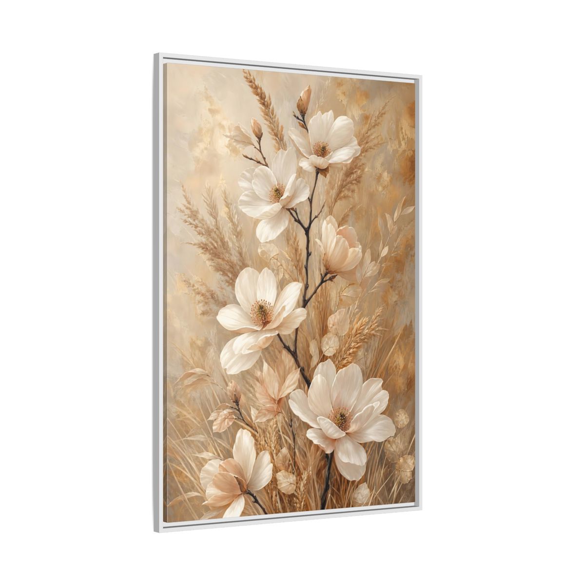 Side Mockup 7. Cream Magnolia Bouquet shown as framed canvas print